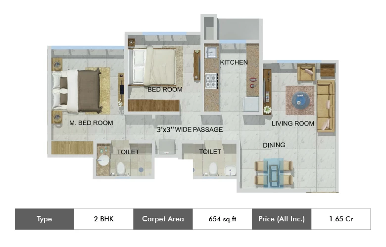 2 BHK-654 Sq.ft.